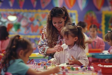 Fototapeta premium Engaging Kindergarten Teacher Assisting Children with Creative Craft Project in Colorful Early Learning Classroom