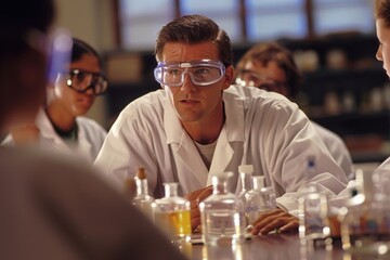 Engaging Science Teacher Demonstrating Chemistry Experiment to Students in Well-Equipped Lab