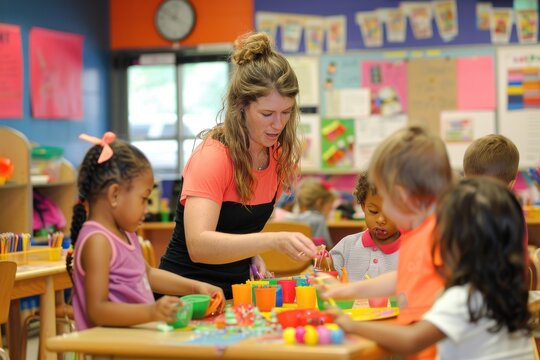 Engaging Kindergarten Teacher Assisting Children in Colorful Early Learning Center Craft Activity