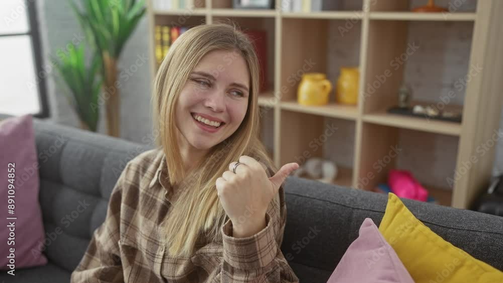 Poster At home, a beautiful young blonde smiles cheerfully on the sofa, thumb up, pointing to the side. she encapsulates joy, making the living room look extra inviting.