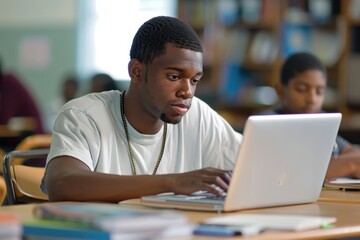 Obraz premium Dedicated Educator Working on Lesson Plans with Laptop in Classroom