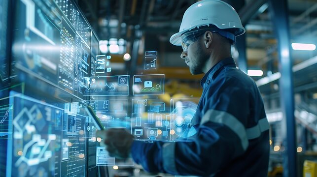 Industrial Workers Use Tablets in Digital Factory for Futuristic Technology Warehouse Products Delivery Infographics Concept.