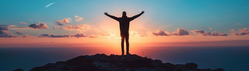 Fototapeta premium Person standing with arms raised on mountain top during sunset, representing freedom, achievement, and connection with nature.
