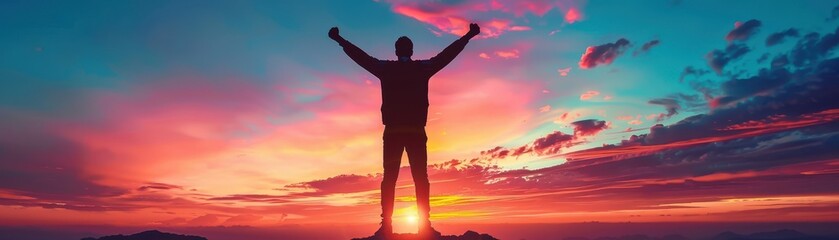 Fototapeta premium Silhouette of person celebrating victory on mountain peak at sunrise, vibrant sky, achieving success, freedom, and motivation.