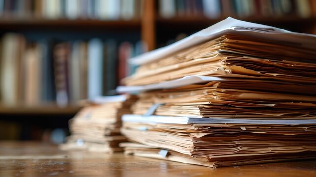 Stack of old paper files on a wooden desk in a library, symbolizing administration, archiving, and documentation in an academic setting.