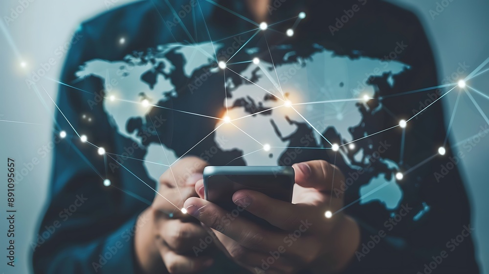 Aufkleber hand holding smart phone with glowing globe connection network for global communication technology c
