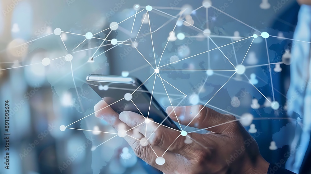 Aufkleber hand holding smart phone with glowing globe connection network for global communication technology c