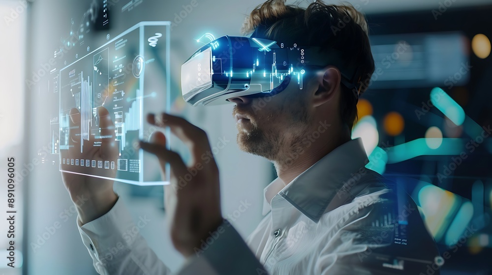 Poster man using vr virtual reality glasses with data visualization for future technology concept internet 