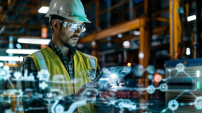 Industrial Worker using Laptop Computer with Digital Interface for Technology Logistics Inventory Management Supply Chain Warehouse Operations Concept.