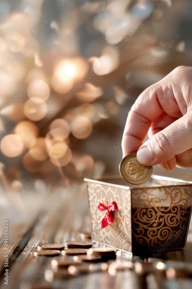Poster a hand is holding a coin in a glass container. the container is filled with coins, and the hand is r