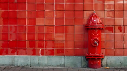 Red fire hydrant in the corner lined with ceramic tiles, wall