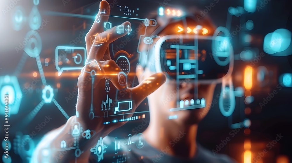 Poster man wearing vr headset pointing to glowing holographic display with futuristic interface