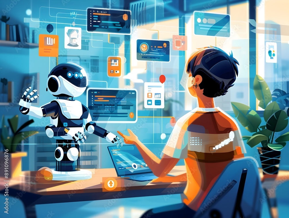 Poster futuristic editorial-style capture of a person engaging with an intelligent chatbot interface