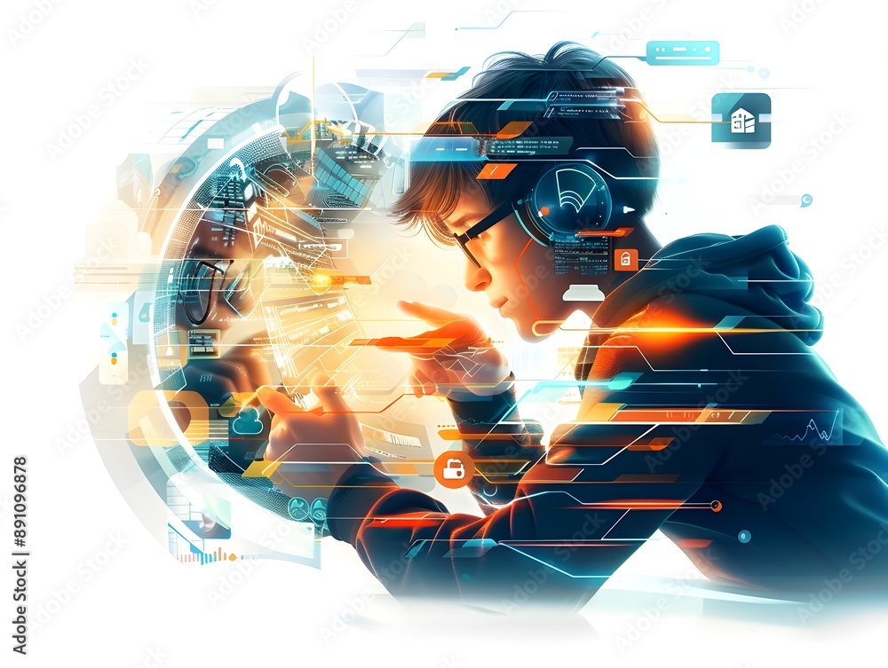 Poster captivating digital interaction showcased in imaginative editorial-style graphic overlay