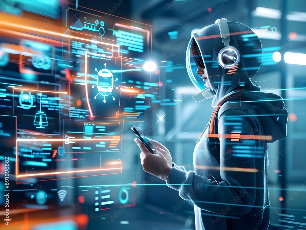 Poster immersive interaction with innovative chatbot interface in futuristic digital environment