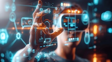 Man Wearing VR Headset Pointing to Glowing Holographic Display with Futuristic Interface