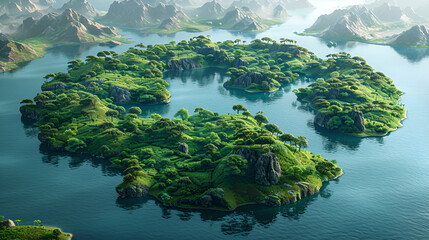 lake in the shape of the world's continents in the middle of untouched nature. A metaphor for ecological travel, conservation, climate change, global warming and the fragility of nature