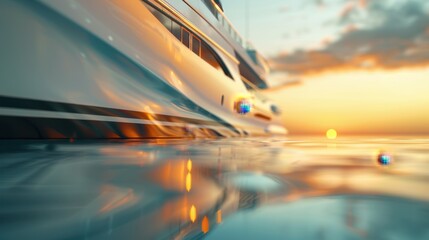Obraz premium A large white boat is in the water with the sun setting in the background. The boat is reflecting the sun's light, creating a beautiful and serene atmosphere