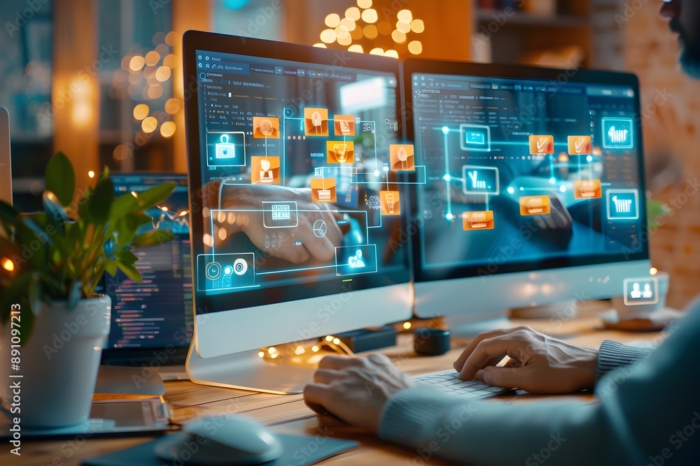 Poster technology-driven digital marketing workflow visualized on a vibrant computer display