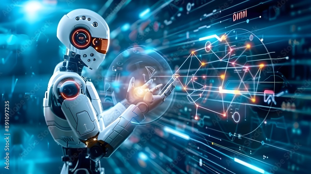 Poster robotic hand interacting with digital network and data visualization