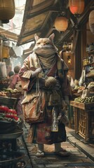 A shapeshifting bake-danuki tanuki spirit mimicking a human in the village market