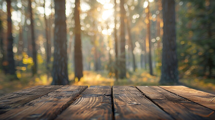 Beautiful blurred boreal forest background view with empty rustic wooden table for mockup product display. Picnic table with customizable space on table-top for editing. Flawless