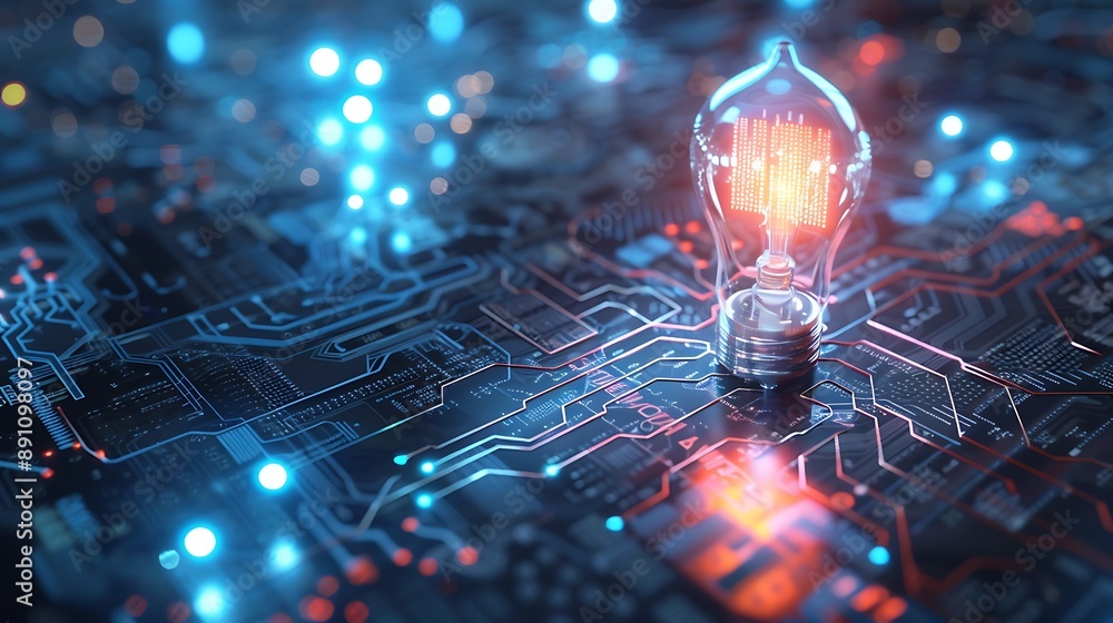 Poster glowing light bulb with connection network circuit board for modern futuristic interconnected ideas 