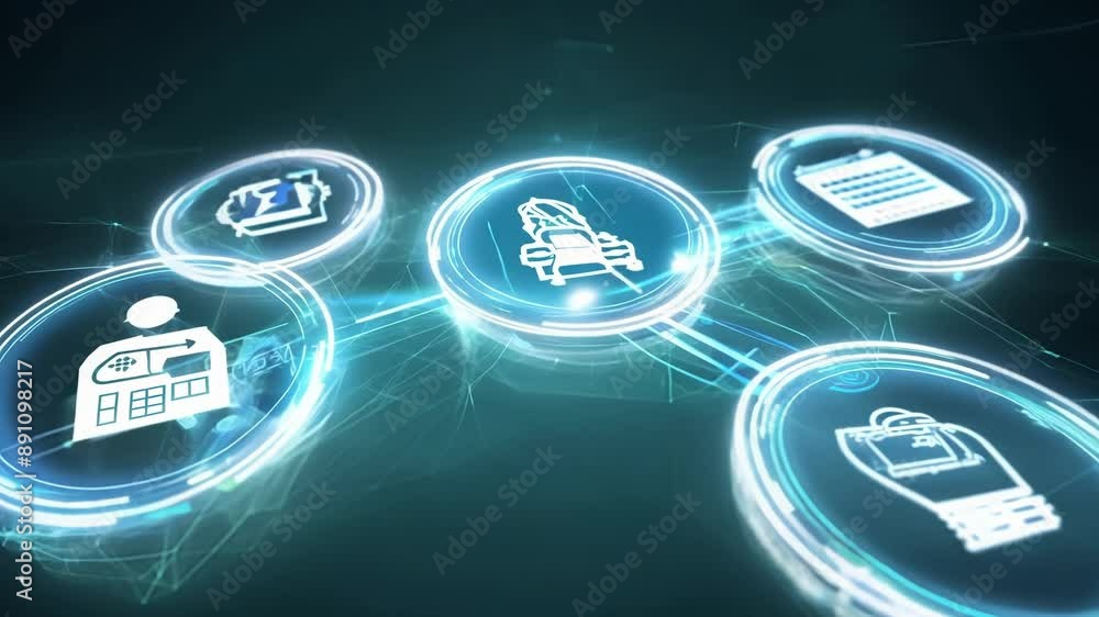 Poster a holographic projection of a diverse range of businesses coexisting within a digital ecosystem high