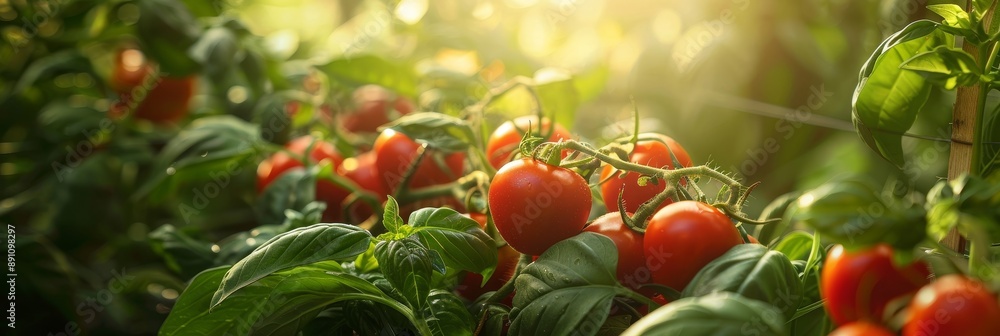 Sticker Ripe Tomatoes Growing on Vine in Sunlight - Fresh, red tomatoes ripen on a vine in a lush garden, bathed in warm sunlight. The image symbolizes abundance, growth, and the beauty of nature. - Fresh, re