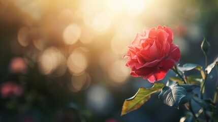 Obraz premium Single red rose blooming in the sunlight with a blurred background.