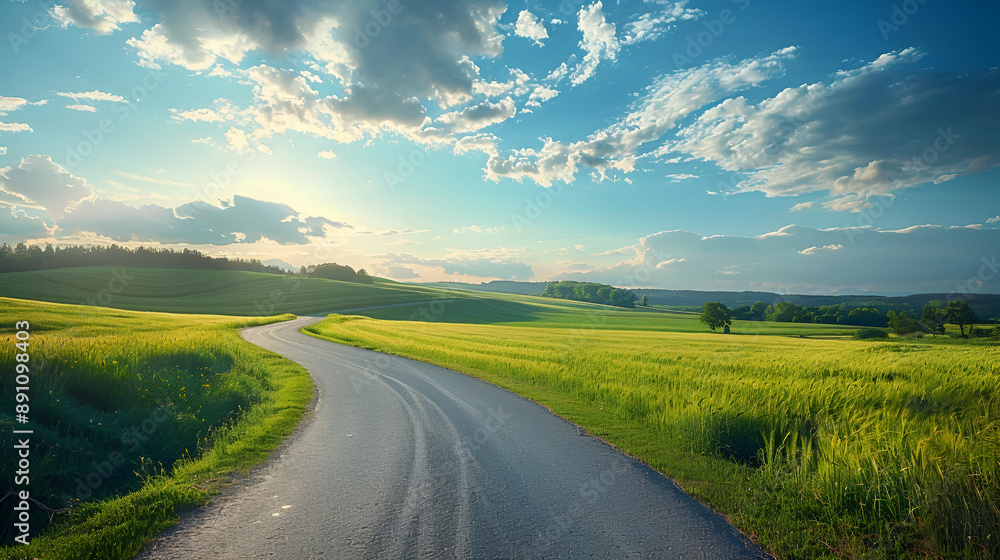 Wall mural beautiful summer rural natural landscape with fields young wheat, blue sky with clouds. warm fresh m