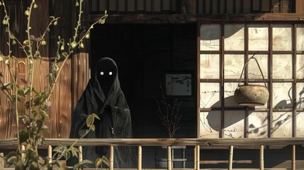 A tengu observing the house from the attic