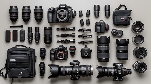 Flat Lay Set of Camera Photography Equipment on Wooden Table for Professional Photo Studio Photographer Accessories Concept.