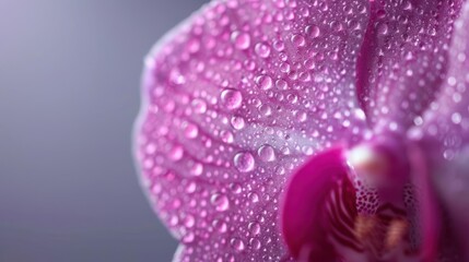 Close-up of a pink orchid petal with dew drops.