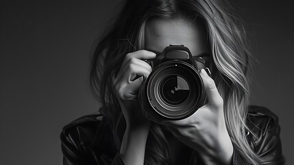 Woman Holding Camera for Concept of taking photo Professional photographer.
