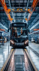 Fototapeta premium Futuristic Electric Bus Manufacturing: Abstract Visualization of Automated Assembly Line in EV Factory. High-Tech Production of Self-Driving Public Transit Vehicles. Sustainable Transportation Revolut