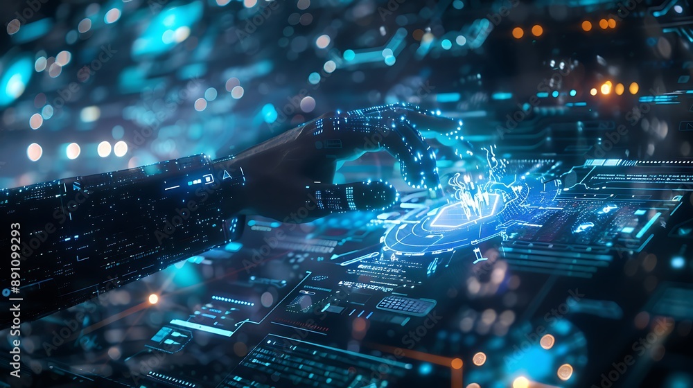 Poster hands interacting with digital interface for modern futuristic artificial intelligence convergence t
