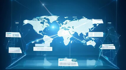 A holographic presentation of the companys global presence with virtual representations of their offices and facilities around the world.