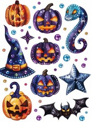 Vibrant Collection of Rhinestone Halloween Stickers Featuring Glittery Pumpkins, Bats, and Spiders on a Stark White Background