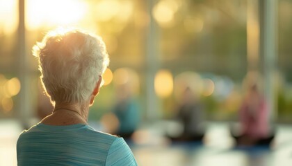 Group of people practicing yoga in a sunlit room with large windows