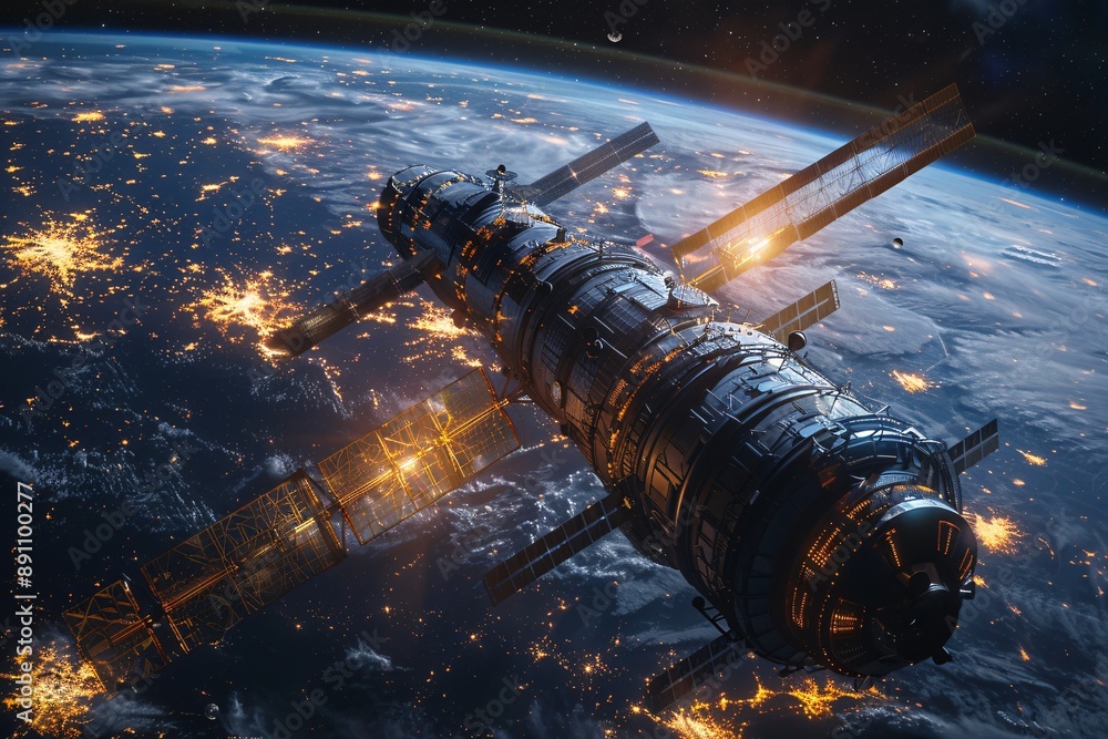 Wall mural a 3d image of a space station orbiting a planet, created with high-quality digital space art in good