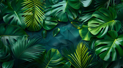 Fototapeta premium Green tropical leaves of Monstera, fern, and palm fronds the rainforest foliage plant bush floral arrangement on dark background, natural leaf texture nature background