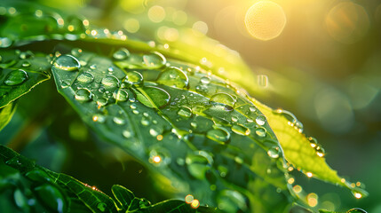 Large beautiful drops of transparent rain water on a green leaf macro. Drops of dew in the morning glow in the sun. Beautiful leaf texture in nature. Natural background