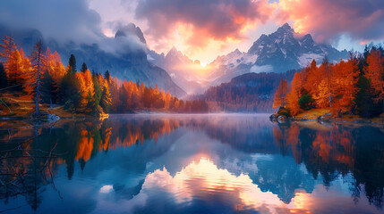 Majestic sunset of the mountains landscape. Wonderful Nature landscape during sunset. Beautiful colored trees over the Federa lake, glowing in sunlight. wonderful picturesque scene. color