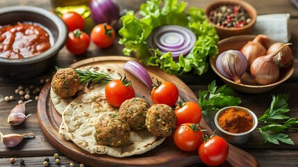 Set for making flatbread with falafel and vegetables pita flatbread meatballs tomatoes red onion lettuce spices and sauce light wooden background