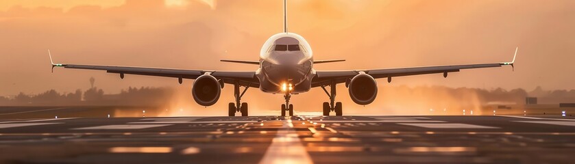Fototapeta premium Commercial airplane taking off from the runway at sunset, showcasing aviation technology and travel freedom.