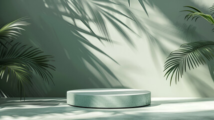 Fototapeta premium Minimal abstract background for the presentation of a cosmetic product. Premium podium with a shadow of tropical palm leaves on a pastel green wall and gray table. Showcase, display case