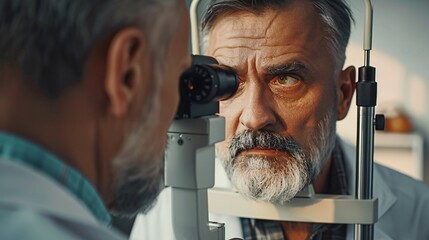 A charming male ophthalmologist is examining the eyesight of a good-looking middle-aged man in a contemporary medical facility. The doctor and patient are undergoing a check-up 