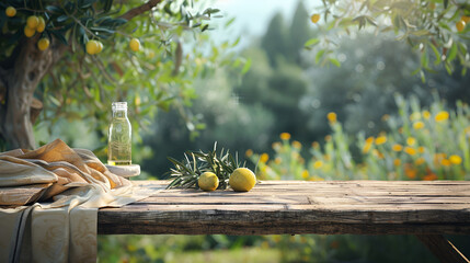 Natural wooden table and organic cloth with olive tree plant. Product placement mockup design background. Outdoor tropical summer scene with rustic vintage countertop display