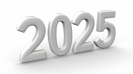 Silver 3D Numbers '2025' on a White Background